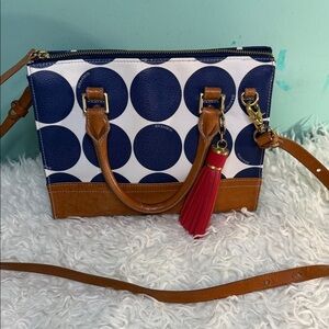 Brahmin Polka Women’s Navy Dot & Tan Crossbody Satchel with Red Tassel